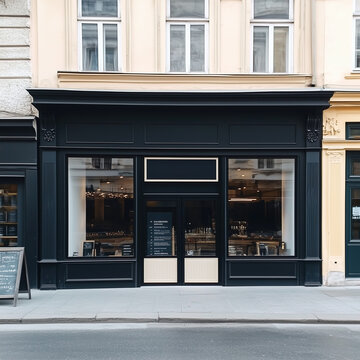 Black shop front mockup, small store facade template for branding and business presentation, view of big window in European street