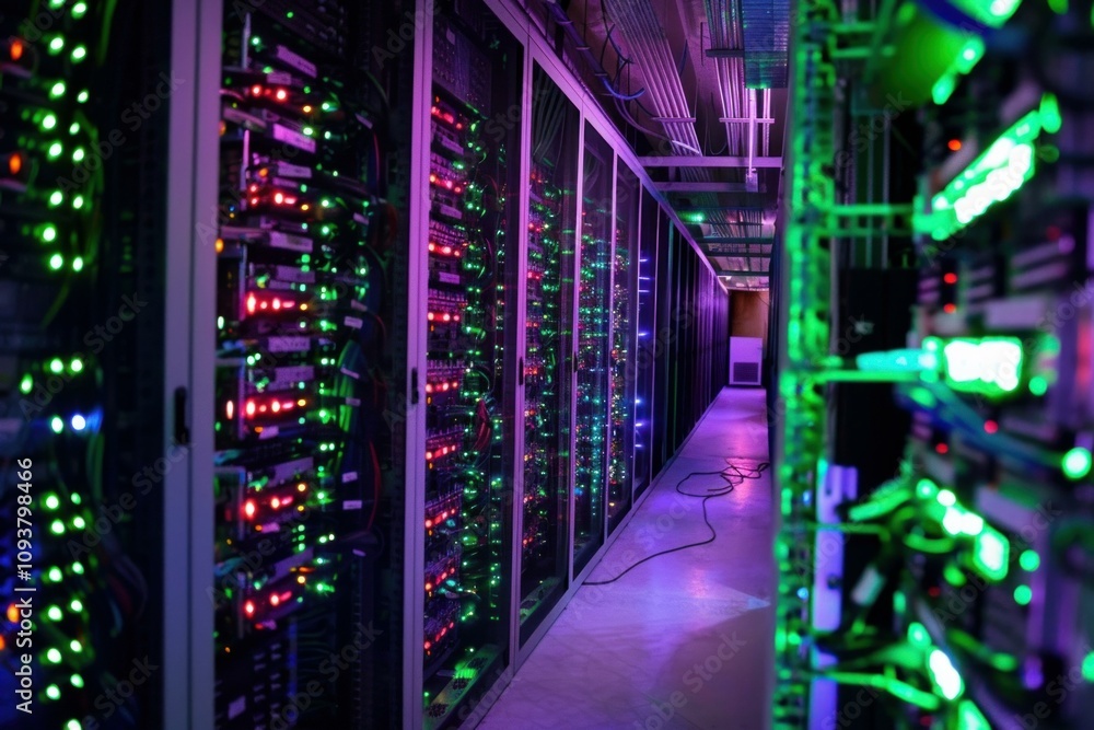 Poster server room in a data center showing rows of computer servers with blinking led lights