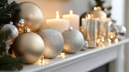 A stylish mantelpiece with gold and silver Christmas ornaments and candles.