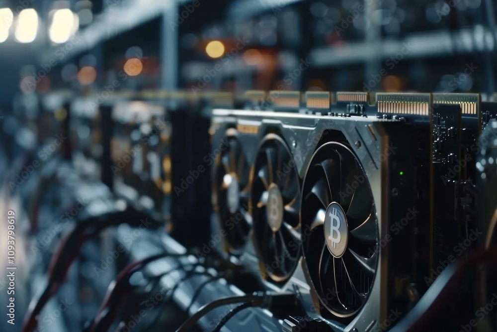 Poster cryptocurrency mining rig operating with multiple graphics cards, generating digital currency
