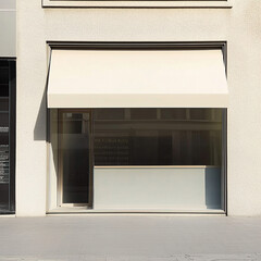 Beige winter shop front mockup, small store facade template for branding and business presentation, view of big window in European street