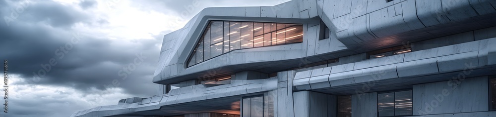 Aufkleber modern architectural structure with sleek design and large windows under a cloudy sky.