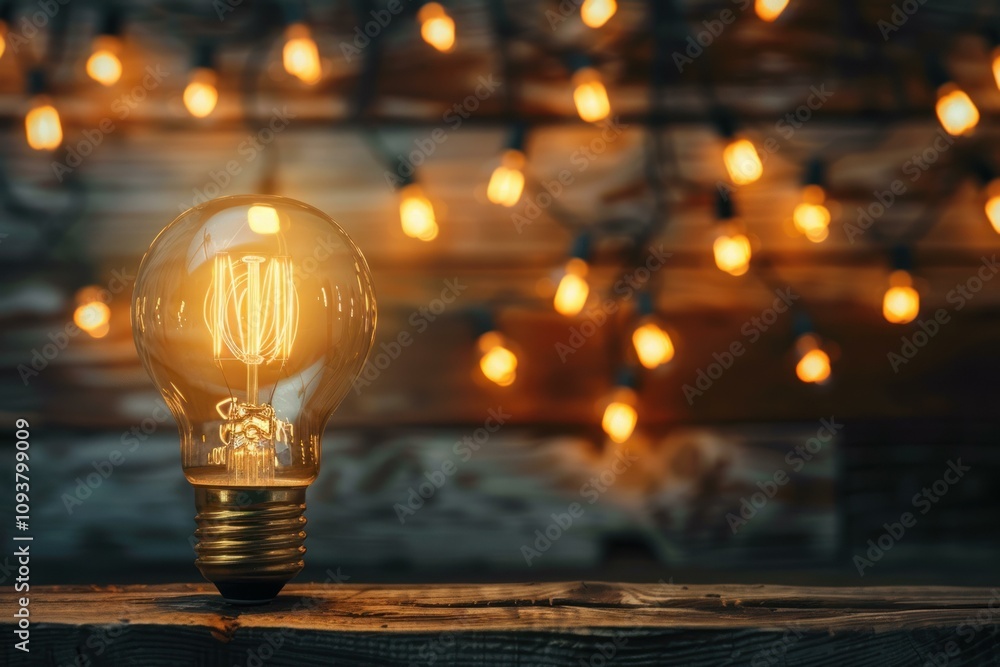 Poster glowing vintage light bulb on a rustic wooden table, with a warm string lights background creating a