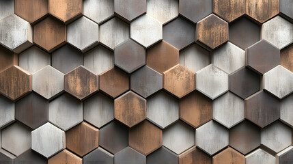 A tessellation pattern featuring interlocking hexagons in muted earth tones with a 3D effect.