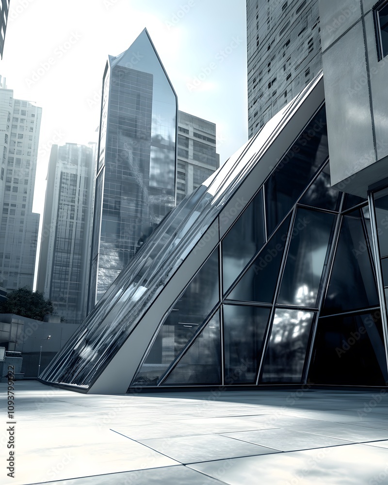 Aufkleber modern architectural structure with glass panels and sharp angles in an urban setting.
