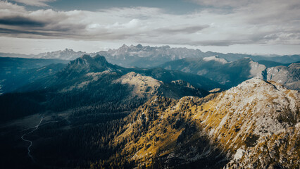 Aerial view of a beautiful mountain range with lush trees