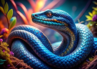 Candid Photography of an Abstract Blue Snake in a Mystical Setting with Intricate Patterns and Textures, Capturing the Essence of Nature and Art in a Vibrant Composition