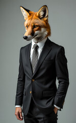 A fox headed man in suit standing on gray background