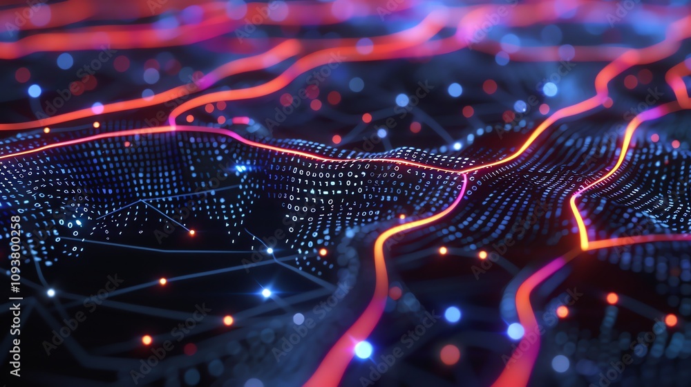Poster a digital rendering of a circuit board with glowing lines and data.