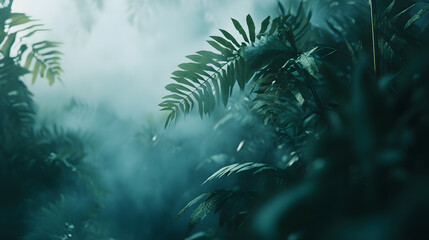 Obraz premium A tropical rainforest with mist hanging in the air surrounded by dense greenery.
