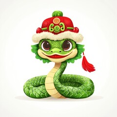 Fototapeta premium no-legged snake, green snake wearing red lion dance hat, tail crossed on ground, cute, cartoon, vector, illustration, white background, Lunar New Year, isolated on a white background, ai