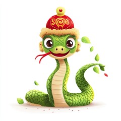 Fototapeta premium no-legged snake, green snake wearing red lion dance hat, tail crossed on ground, cute, cartoon, vector, illustration, white background, Lunar New Year, isolated on a white background, ai