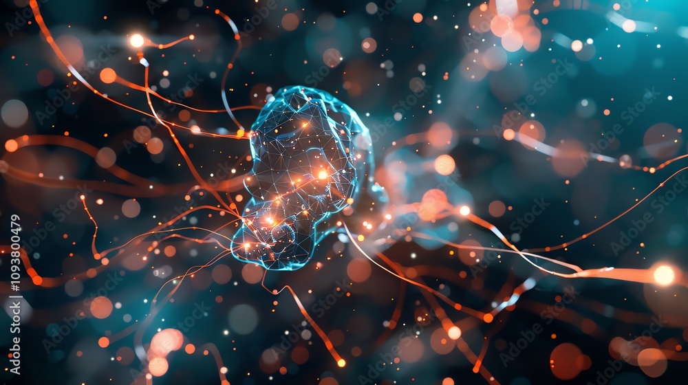 Poster a futuristic digital representation of a brain with glowing lines and particles.