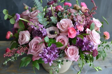 Beautiful flower arrangement with pink roses, purple chrysanthemums, and other blossoms, creating a romantic atmosphere