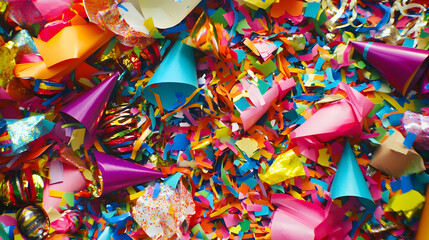 Obraz premium A vibrant birthday gift pile with colorful wrapping paper confetti and party hats scattered around.