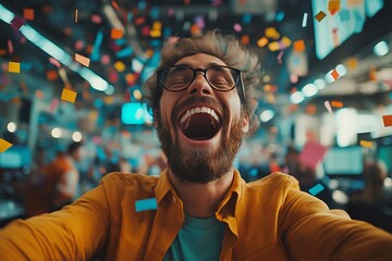 Excited man with glasses celebrating in vibrant office environment amidst colorful confetti during an energetic company event or happy occasion