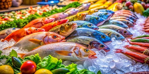 Candid Photography of Fresh Fish Selection at Asian Market with Selective Focus - Vibrant Colors and Textures Captured in a Bustling Marketplace Setting