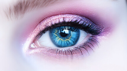 Obraz premium A striking violet and blue eye with soft pink highlights creating a dreamy effect.