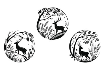 Minimalist Black and White Silhouette of Stylized Deer with Antlers and Abstract Nature Elements in Circular Composition