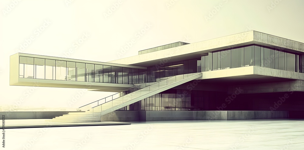 Poster modern architectural design featuring a sleek, multi-level structure with expansive glass elements.