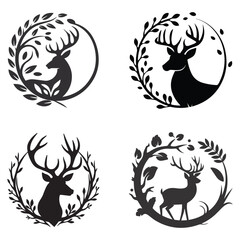 Minimalist Black and White Silhouette of Stylized Deer with Antlers and Abstract Nature Elements in Circular Composition