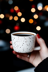 Obraz premium Woman enjoying a warm beverage during christmas time, creating a cozy and festive atmosphere