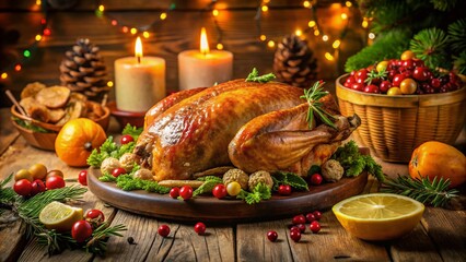 Candid Thanksgiving and Christmas Turkey Feast - Capturing the Spirit of Family Gatherings with a Beautifully Cooked Turkey Surrounded by Delicious Sides and Festive Decor