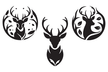 Minimalist Black and White Silhouette of Stylized Deer with Antlers and Abstract Nature Elements in Circular Composition
