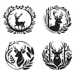 Obraz premium Minimalist Black and White Silhouette of Stylized Deer with Antlers and Abstract Nature Elements in Circular Composition