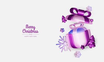 Happy New Year and Merry Christmas. Christmas holiday background with realistic 3d objects, violet and white bauble balls, conical metal stars, gift. Levitation falling design composition.