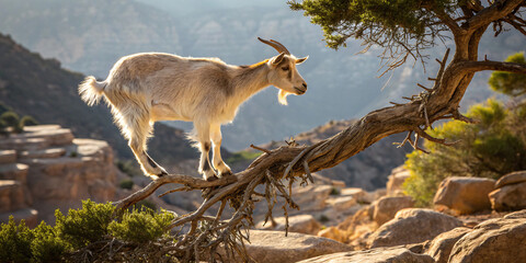 Naklejka premium goat balancing precariously on a low tree branch in a rocky, sunlit landscape