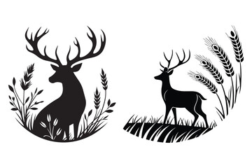 Minimalist Black and White Silhouette of Stylized Deer with Antlers and Abstract Nature Elements in Circular Composition