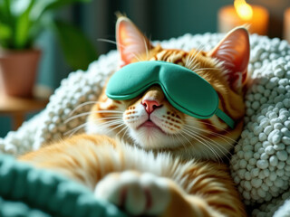 Fototapeta na wymiar A serene image of a cat wearing an eye mask, resting comfortably in a bed. The cozy setting and warm lighting create a peaceful and relaxing ambiance.