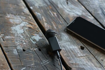 Microphone and smartphone capturing high quality audio in a rustic setting, ideal for podcasting, interviews, or music recording