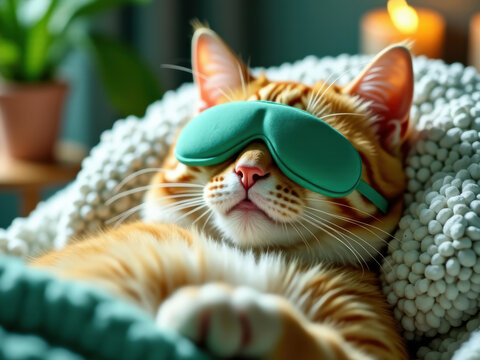 A serene image of a cat wearing an eye mask, resting comfortably in a bed. The cozy setting and warm lighting create a peaceful and relaxing ambiance.
