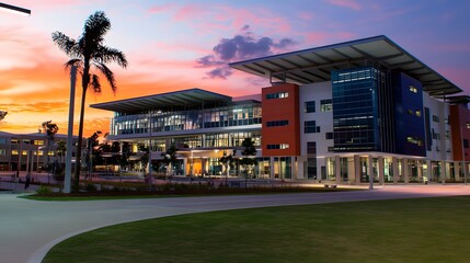 Fototapeta premium Modern building illuminated at sunset with palm trees and landscaped grounds.