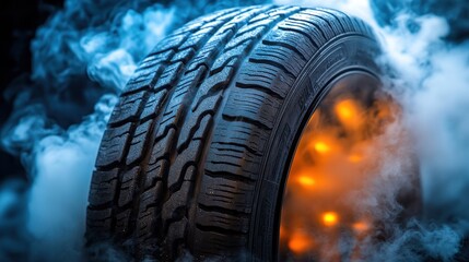 Smoking tire with glowing brake lights.