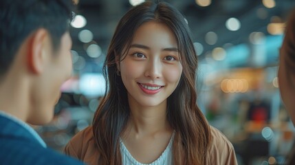 Young Asian Couple Negotiating Car Price with Salesperson in Auto Showroom