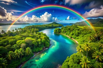 Captivating Aerial View of a Vibrant Rainbow Arching Over a Lush Tropical Landscape with Lush Greenery, Exotic Flora, and Sparkling Waters Beneath a Bright Blue Sky