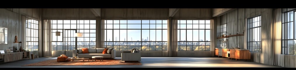 Modern industrial living room with large windows and stylish furniture.