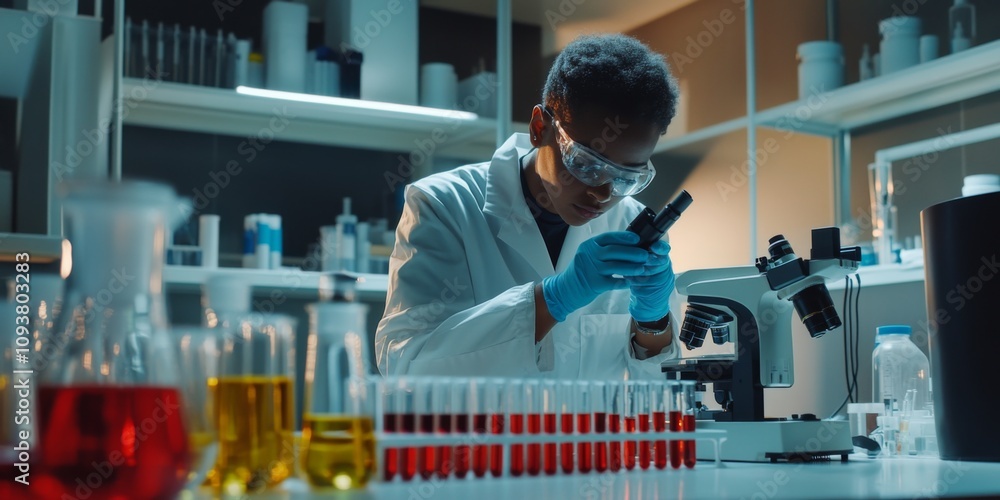 Poster a focused scientist examines samples under a microscope in a modern lab. this image captures the ess