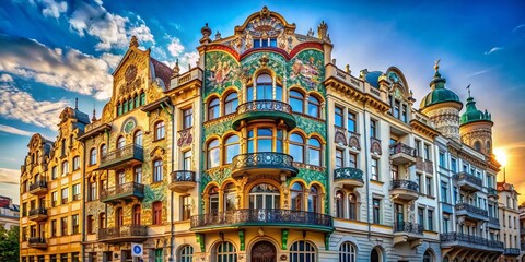 Obraz premium Captivating Architectural Photography of a Stunning Secesyjny Klosz in a Historical Cityscape with Elegant Details and Intricate Design Elements, Showcasing Art Nouveau Influence