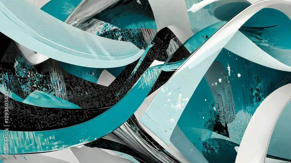 Poster abstract composition featuring teal and black swirling shapes with dynamic textures and lines