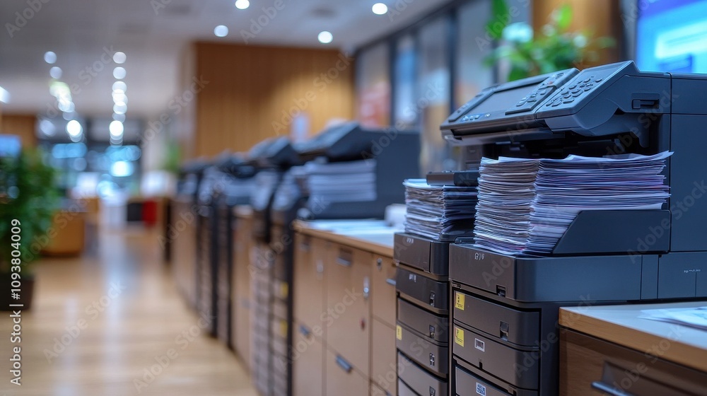 Poster modern office environment with multiple printers and stacked papers highlighting productive workplac