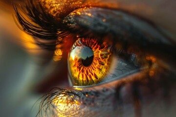 Close-up of a captivating eye with vibrant orange and gold hues, reflecting a stunning landscape in the iris. Concept of vision and beauty.
