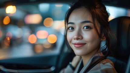 Young Asian Couple Test-Driving a Luxury Sedan at Auto Dealership