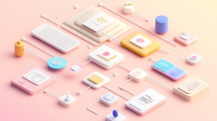 Abstract composition of colorful digital interface elements in soft pastel tones, showcasing various icons, charts, and geometrical shapes for modern design projects