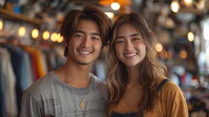 Young Asian Couple Smiling While Shopping in Modern Retail Store