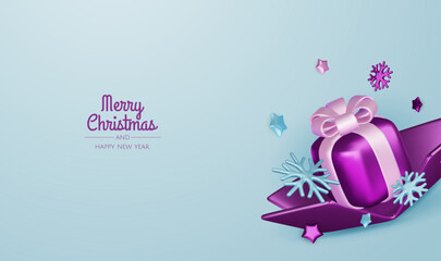 Happy New Year and Merry Christmas. Christmas holiday background with realistic 3d objects, violet and white bauble balls, conical metal stars, gift. Levitation falling design composition.