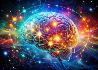 Obraz premium Captivating Candid Photography of a Digital Brain Surrounded by Stars, Showcasing the Fusion of Technology and Cosmic Wonder in a Stunning Visual Experience